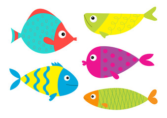 Fototapeta premium Cute cartoon fish icon set. Isolated. Baby kids collection. Colorful aquarium animals. White background. Flat design