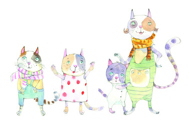 Cat and kittens, watercolor illustration