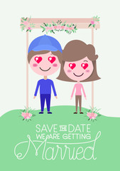 wedding invitation card with couple in wooden frame and flowers