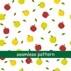 Seamless pattern of green and red apples and leaves on a white background.