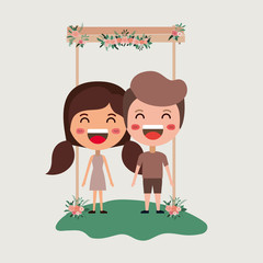 wedding invitation card with couple in wooden frame and flowers