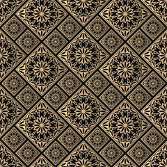 Seamless pattern oriental ornament. Black and golden textile print. Islamic vector design. Floral tiles.