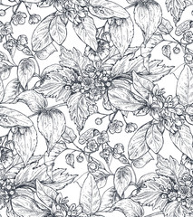 Vector seamless pattern with hand drawn flowers, blooming tree branches.