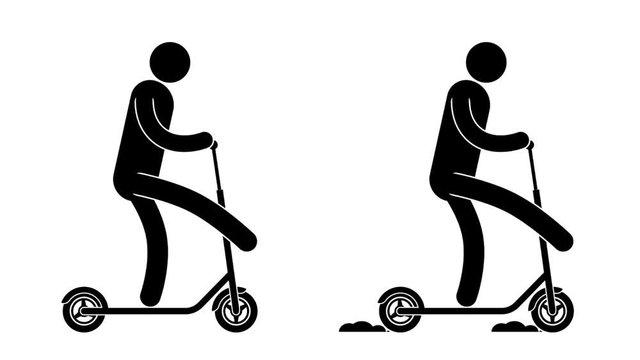 Pictogram  man riding a kick scooter. Icon people. Loop animation with alpha channel.