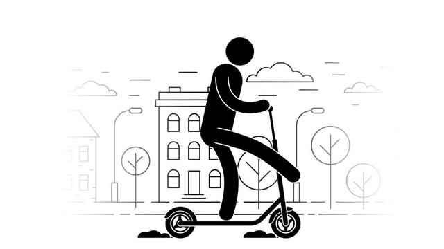 Icon  man riding a kick scooter on  the urban landscape background.  Pictogram People. Personal transport. Loop animation with alpha channel.