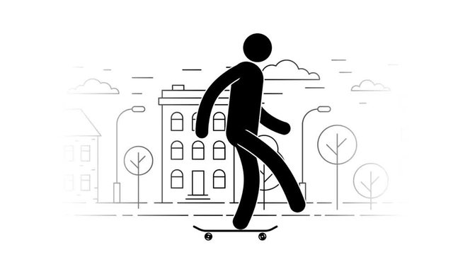 Icon man rides a skateboard on  the urban cityscape background. Pictogram  prople. Loop animation with alpha channel.