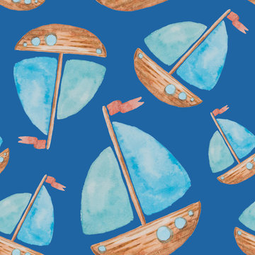 Seamless pattern on a sea theme painted watercolor on a blue background