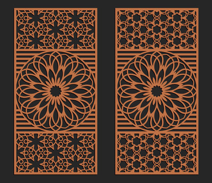 Laser cutting set. Wall or window panels. Jigsaw die cut ornaments. Lacy cutout silhouette stencils. Fretwork floral patterns. Vector template for paper cutting, metal and woodcut.