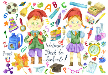 Obraz na płótnie Canvas Design set with little pupils, gnome, and school objects isolated on white. Back to school watercolor illustration, September 1 and knowledge day concept, doodle drawings