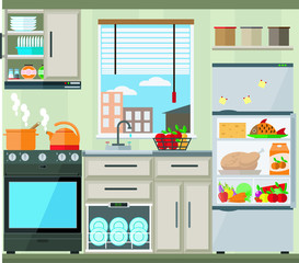 Bright kitchen with window, furniture, appliances and kitchenware. Vector illustration of kitchen set.