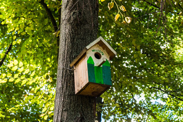 Wooden bird house with the inscription Welcome on the green tree