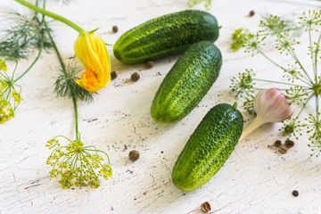 cucumbers, vegetable herbs and spices on a white old wooden table