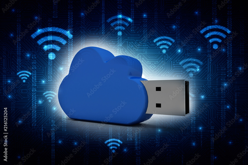Poster 3d rendering cloud with pendriver