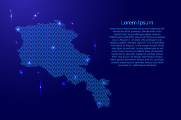 Obraz premium Armenia map country abstract silhouette from wavy blue space sinusoid lines and glowing stars. Contour state of creative luminescence curve. Vector illustration.