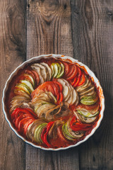 Dish of ratatouille on the wooden table