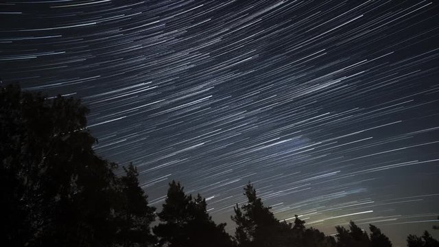 Timelapse of beautiful night sky with star trails moving slowly, infinity science night future concept, background in 4K UHD
