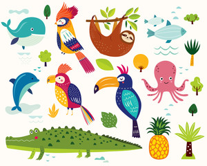 Cartoon vector illustration with funny cute brazilian animals and birds