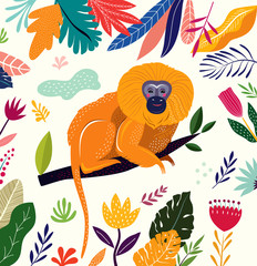 Naklejka premium Ilustracja kreskówka wektor z małą małpką na gałęzi