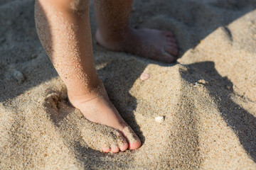 Baby feet on sand on the beach
