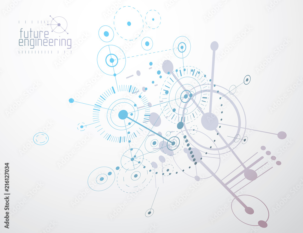 Poster mechanical scheme, vector engineering drawing with circles and geometric parts of mechanism. technic