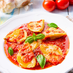 Delicious pasta - ravioli in tomato sauce with basil