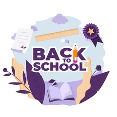 Back to school. Logo with fantasy plants and school item. Concept illustration in flat style. Vector illustration