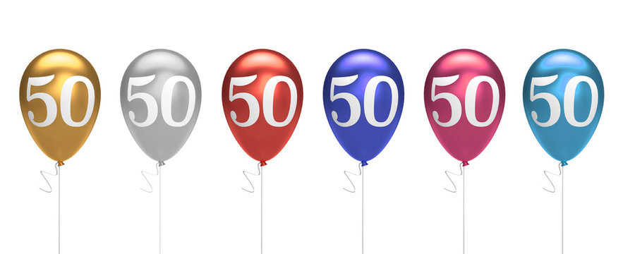 Number 50 birthday balloons collection gold, silver, red, blue, pink. 3D Rendering