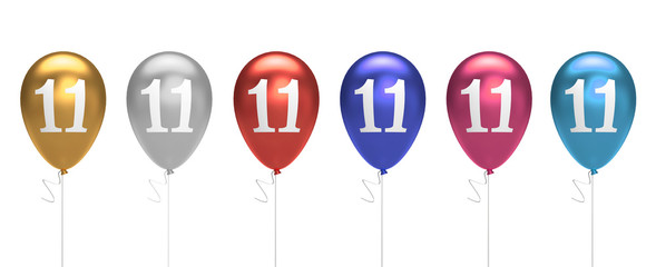 Number 11 birthday balloons collection gold, silver, red, blue, pink. 3D Rendering