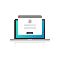 Login page on laptop screen. Notebook and online login form, sign in page. User profile, access to account concepts. Vector illustration.