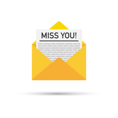'Miss you!' Written Inside An Envelope Letter. Vector illustration.