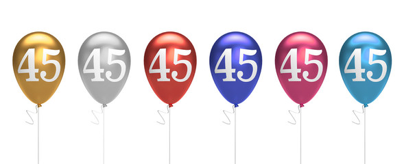 Number 45 birthday balloons collection gold, silver, red, blue, pink. 3D Rendering