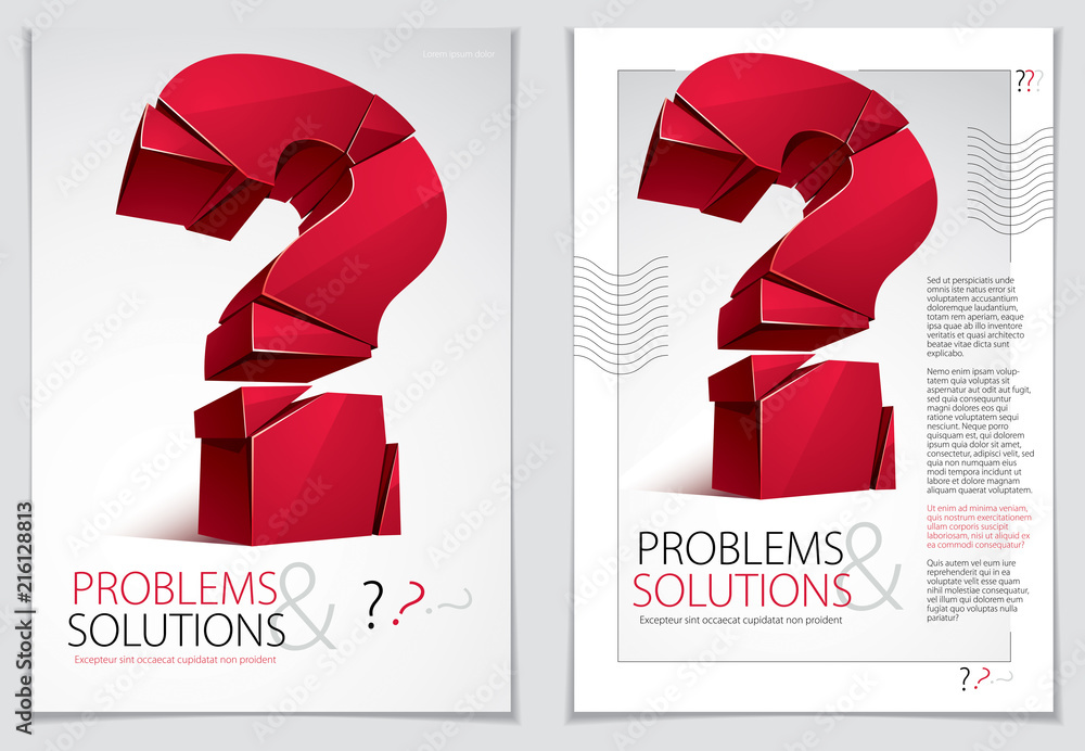 Poster broken question mark exploding brochure or flyer design, query breaking to pieces, vector 3d realist