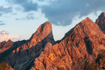 Sunset at the Passo di Giau, in the Italian Dolomites, on a late July evening.