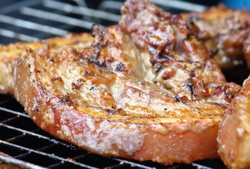 delicious food pork grilling on hot charcoal