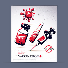 Planned immunization flyer template. Vector illustration of disposable syringe, bottle and ampoule with medicine isolated on white background.