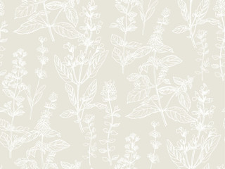 Fototapeta na wymiar Hand drawn herbal sketch seamless pattern for fabric