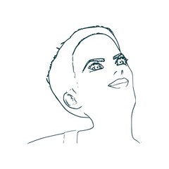 Face half turn view. Elegant outline silhouette of a female head. Portrait of a happy smiled woman