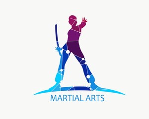 Martial art silhouette of woman in sword fight Kung Fu pose. Emblem for sport club. Textured by connected lines with dots.