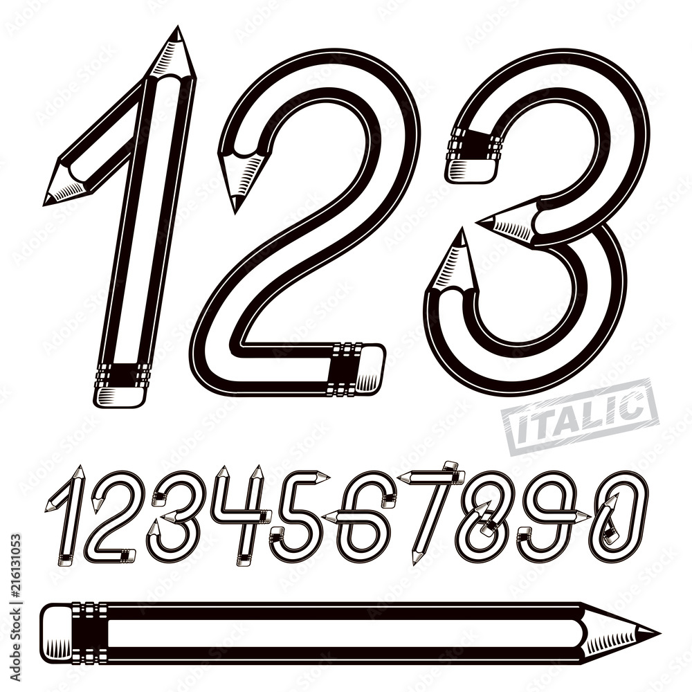 Poster trendy numbers collection, vector numeration created using stationery design, constructed with penci