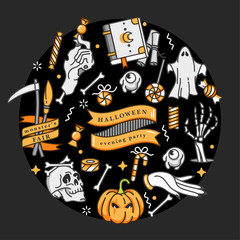Vector illustartion set of linear icons for Happy Halloween. Badges and Labels for party and fair. Trick or treat stickers. Typography quotes.