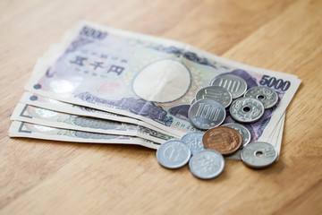 Japanese yen coin and Yen Bank Note, money background