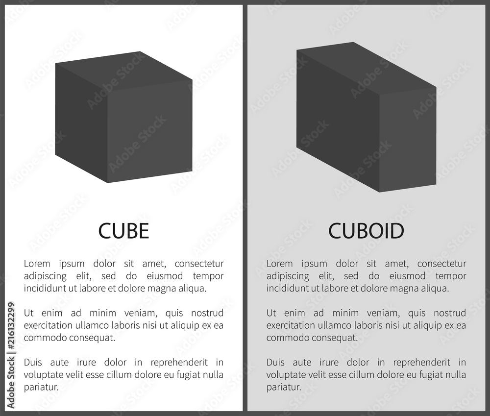 Poster cube and cuboid black geometric shapes with text