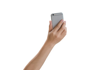 Female hand holding and touching on mobile smartphone show back side.