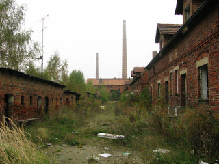 remains of an abandoned village, broken brick houses, overgrown street, lost places in East Germany