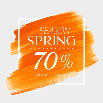 Spring Sale 70% off sign over watercolor art brush stroke paint abstract background vector illustration. Perfect acrylic design for a shop and sale banners.