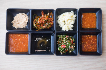 Top view of Korean sauces and condiments