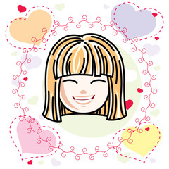 Cute girls face, human head. Vector blonde character, smiling girl face features.