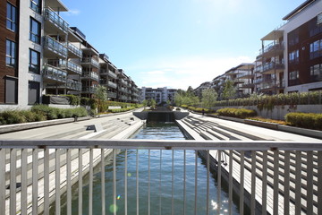 Oslo, Norway - July 23, 2018: Apartment buildings on the Oslo fjord in Fornebu district. Luxury...