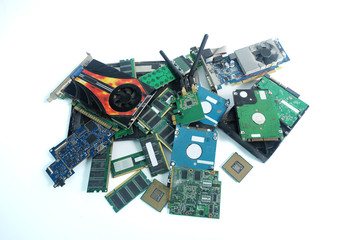 Pile of Computer Hardware part electronic waste isolated on white background