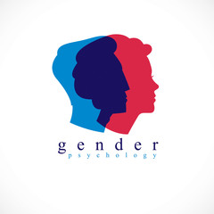 Fototapeta na wymiar Gender psychology concept created with man and woman heads profiles, vector logo or symbol of relationship problems and conflicts in family, close relations and society. Classic style simple design.